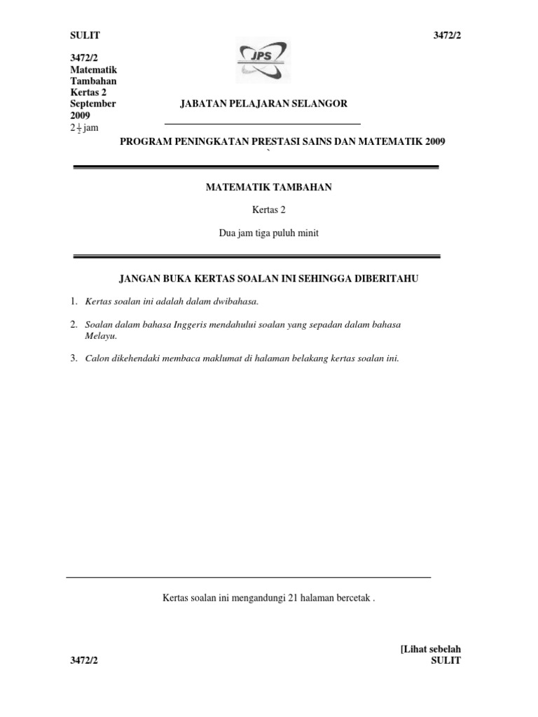Kertas Soalan Matematik Tambahan SPM | PDF