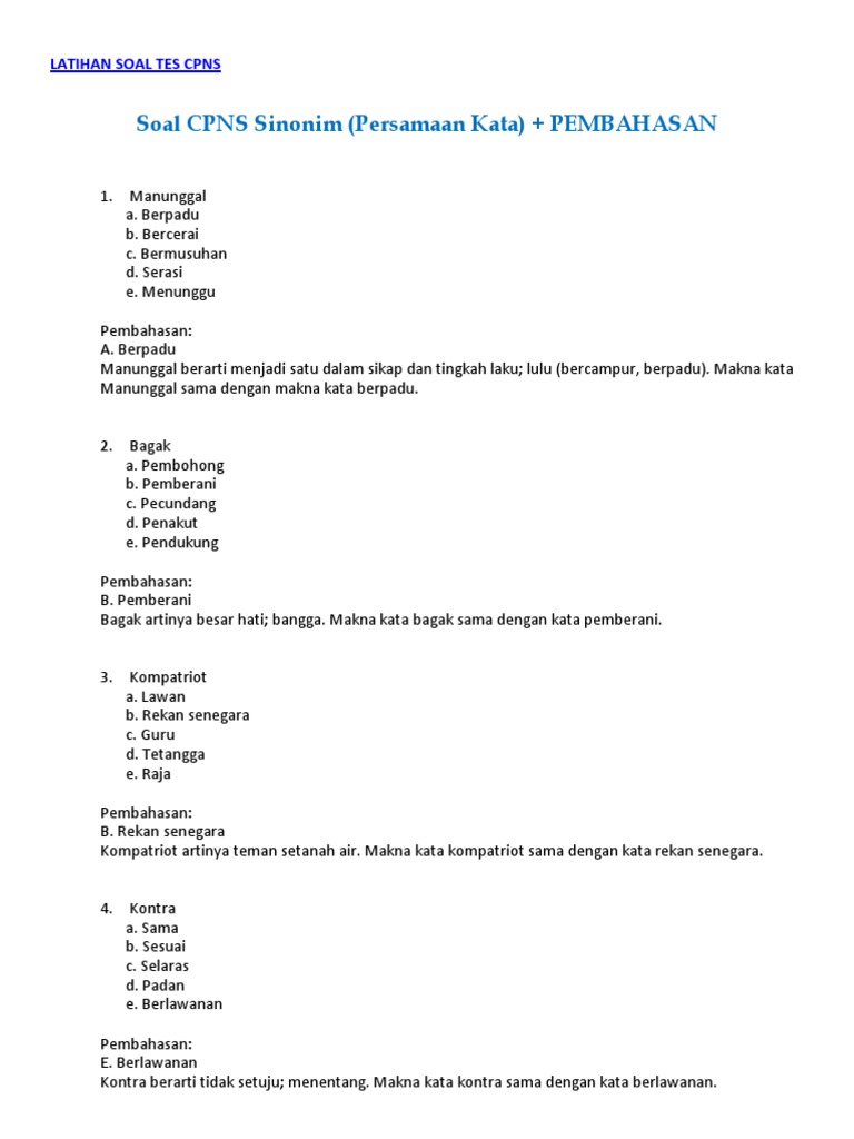 Soal Cpns Sinonim Pembahasan