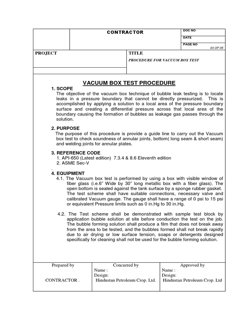 Vacuum Box Test Procedure for Tanks | PDF