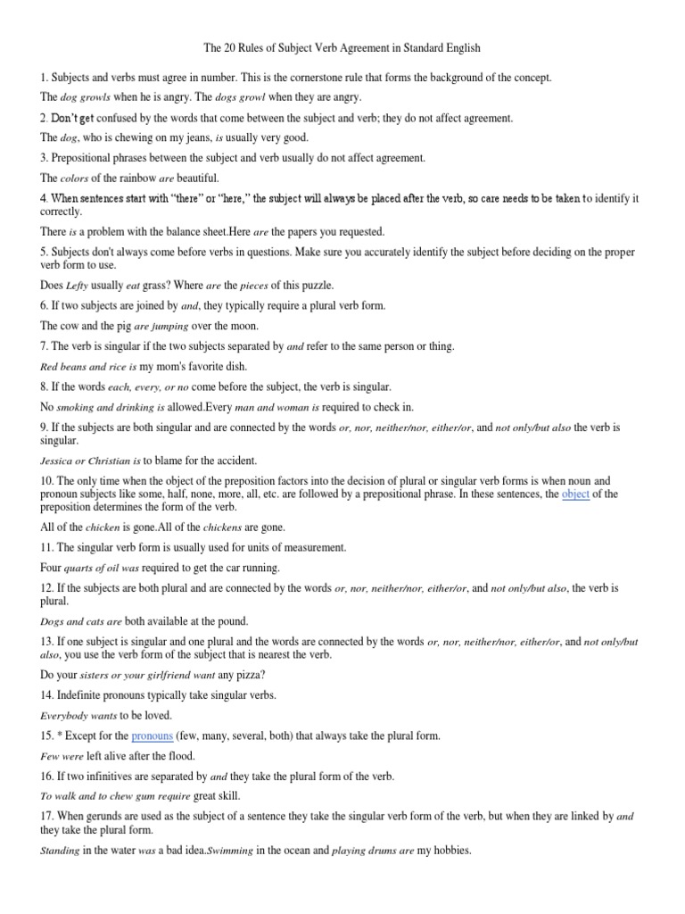 20 Rules of Subject-Verb Agreement | PDF | Grammatical Number | Verb