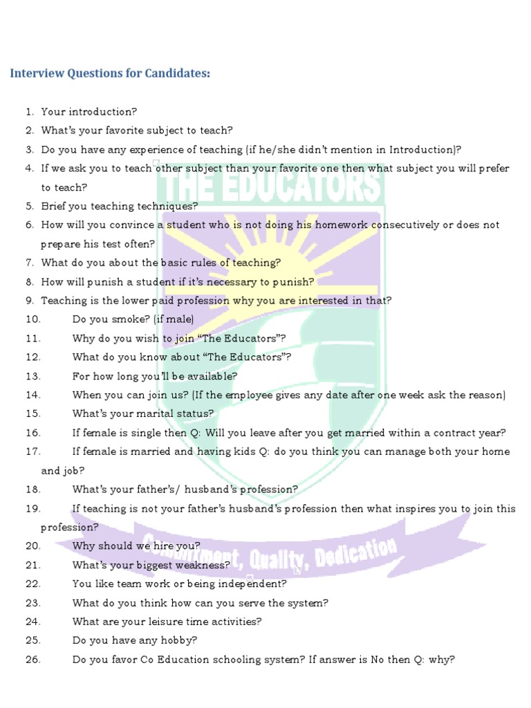 Teacher Candidate Interview Questions | PDF | Career & Growth