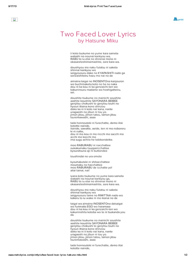 Two Faced Lover Lyrics By Hatsune Miku Pdf Leisure