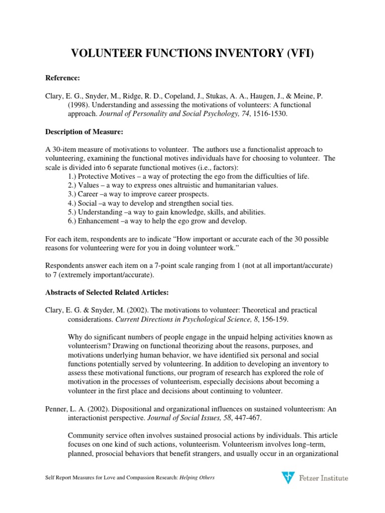 Volunteer Functions Inventory Overview | PDF | Attitude (Psychology ...