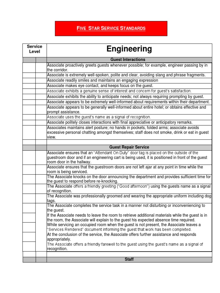 5 Star Service Standards - Engineering Department | PDF