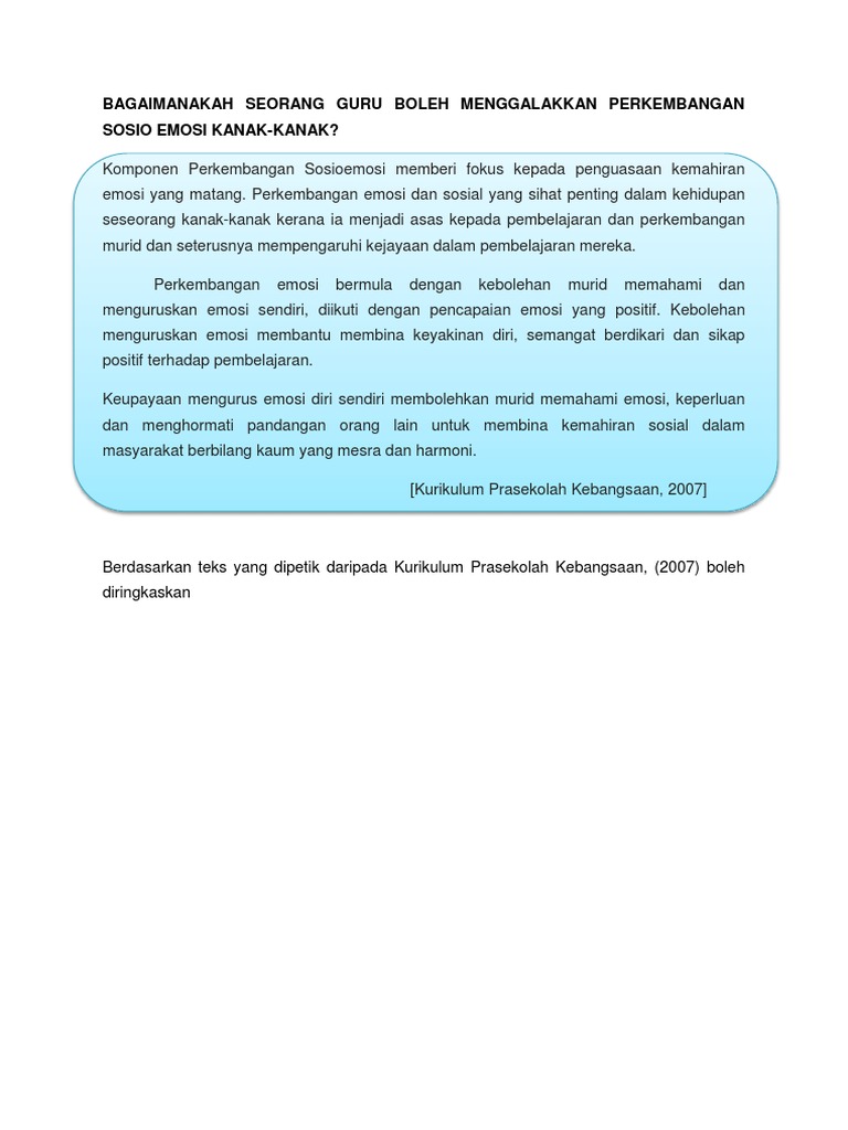 Bagaimanakah Seorang Guru Boleh Menggalakkan Perkembangan Sosio Emosi Kanak Pdf