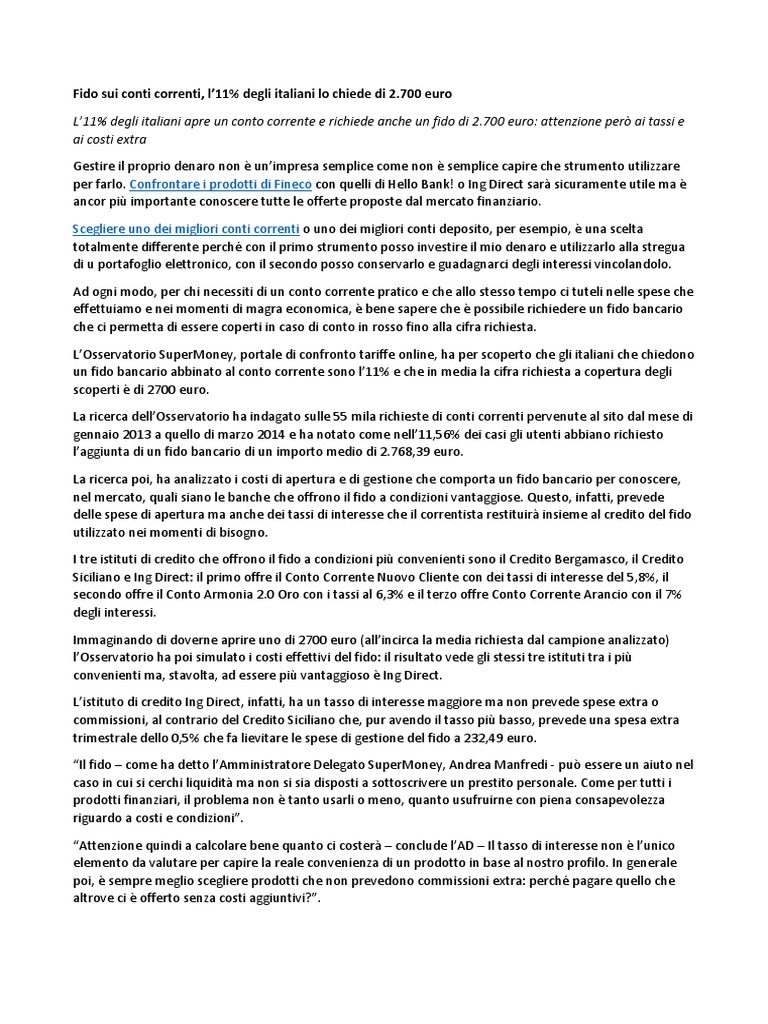 Fido sui conti correnti, l11 degli italiani lo chiede di 2.700 euro Conti correnti più vantaggiosi
