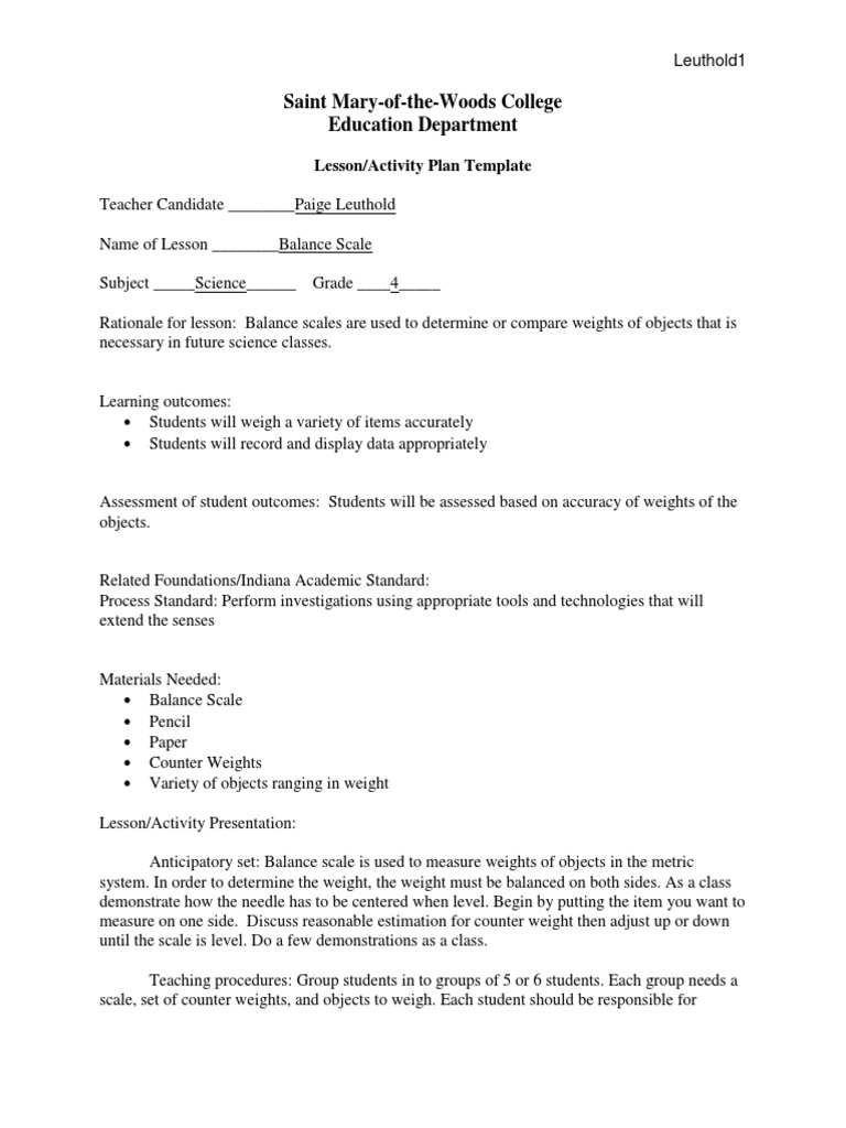 4th Grade Science Lesson Plan: Balance Scale | PDF | Career & Growth ...