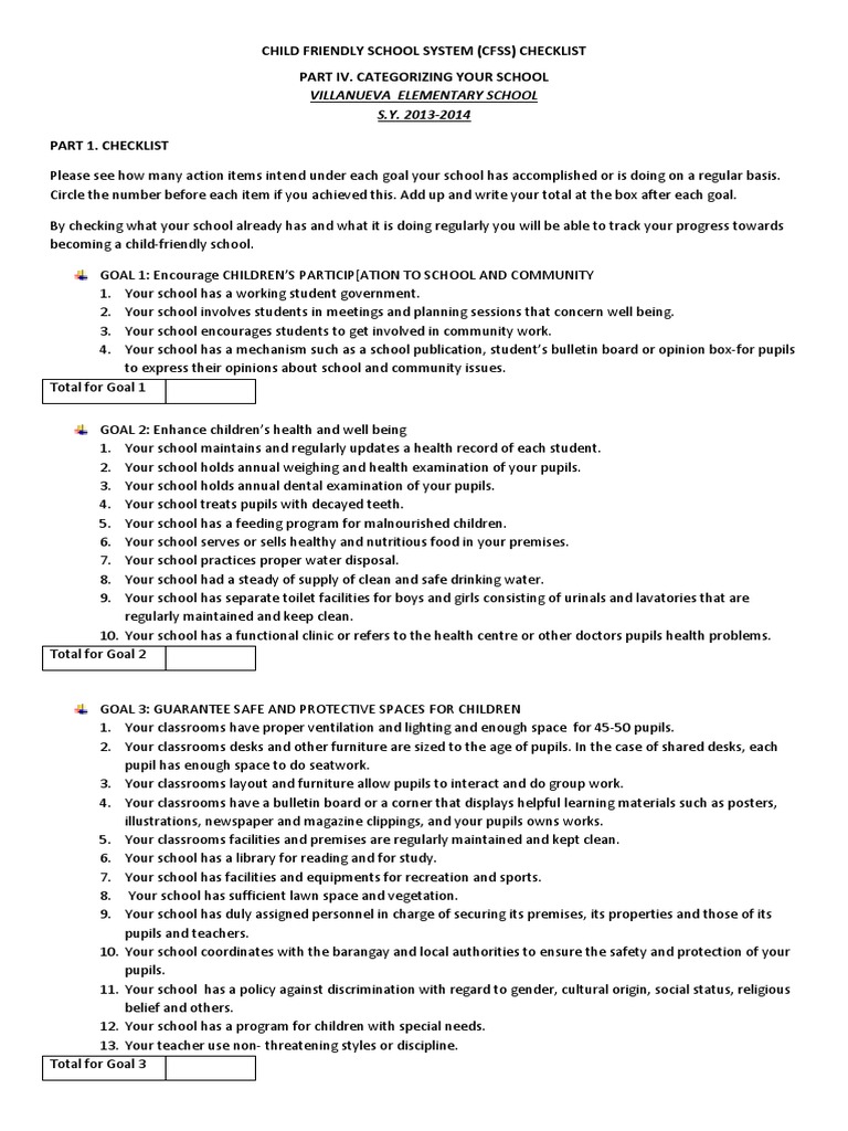 Child Friendly School System Cfss Checklist Pdf