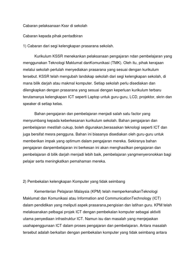 Cabaran Pelaksanaan Kssr Di Sekolah Pdf