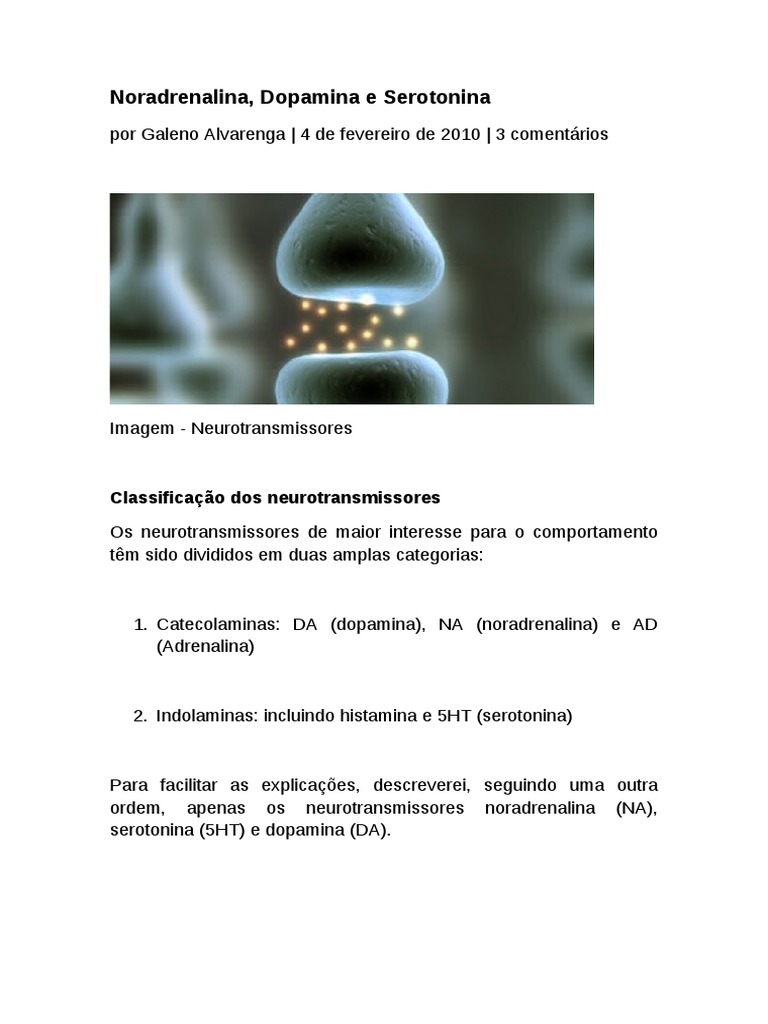Neurotransmissores: Noradrenalina, Dopamina e Serotonina | PDF ...