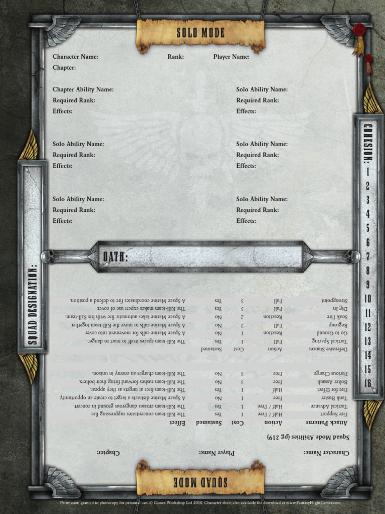 Deathwatch Squad Solomode Sheet | PDF