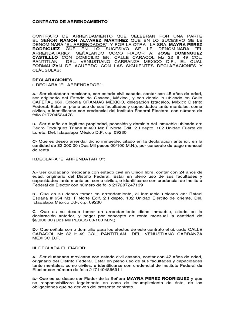 Contrato de Arrendamiento Alquiler Ciudad de México