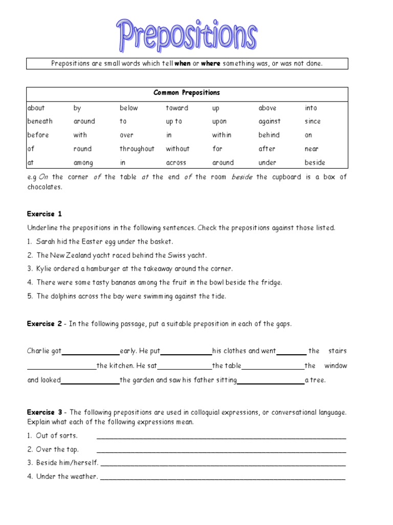 Prepositions: Usage and Exercises | PDF | Language Arts & Discipline