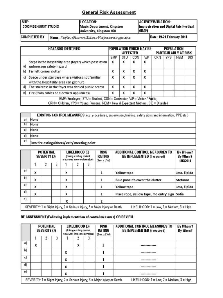 General Risk Assessment: (Taking Existing Control Measures Into ...