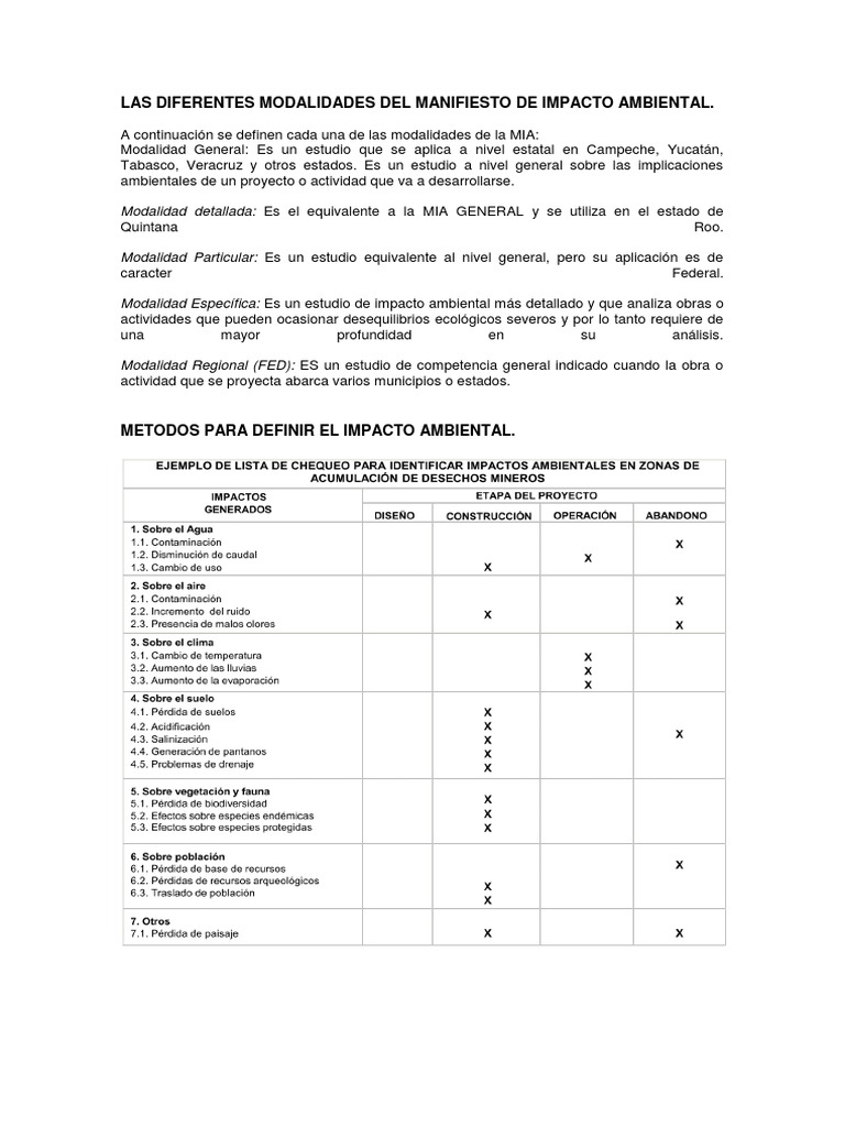 Modalidades del Manifiesto de Impacto Ambiental | PDF | Evaluación de ...