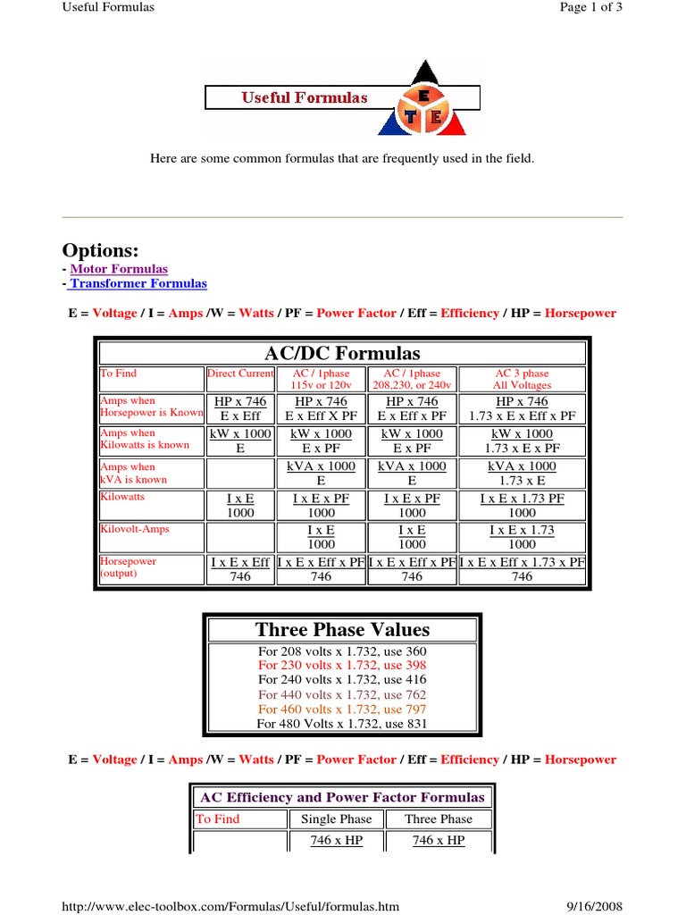 Essential DC and AC Power Formulas | PDF | Horsepower | Watt