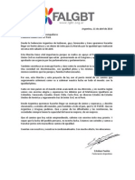 Carta de la FALGBT en apoyo a la Unión Civil No Matrimonial Para Parejas del Mismo Sexo