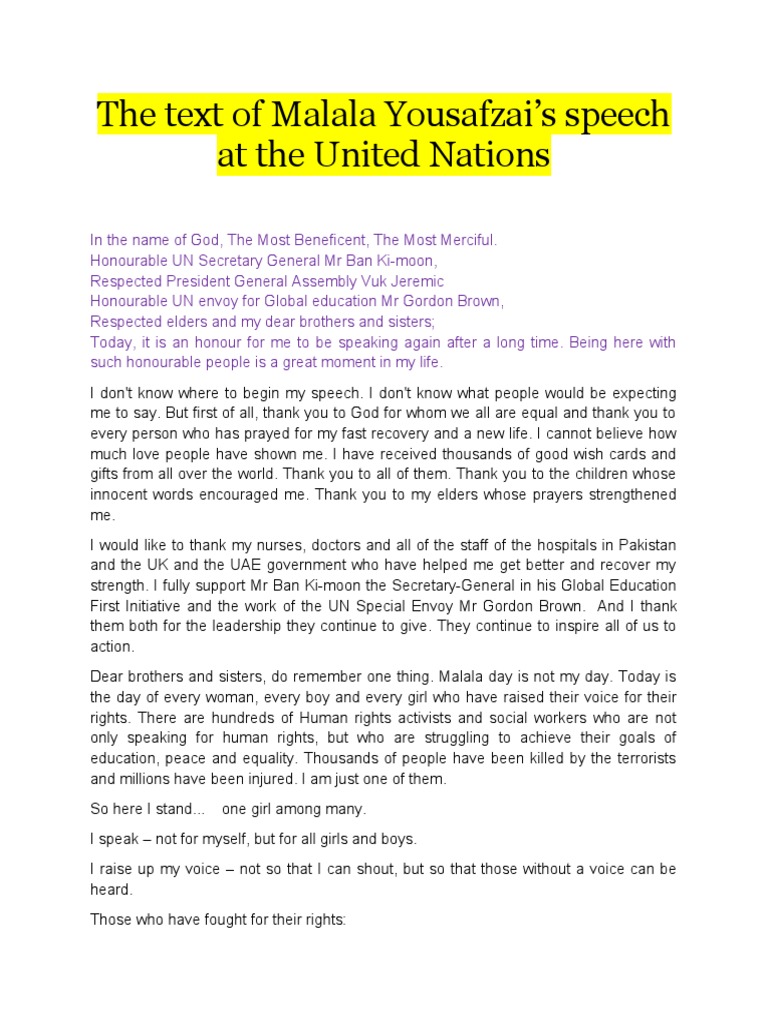 Malala Yousafzai's UN Education Speech PDF Violence Crime Thriller