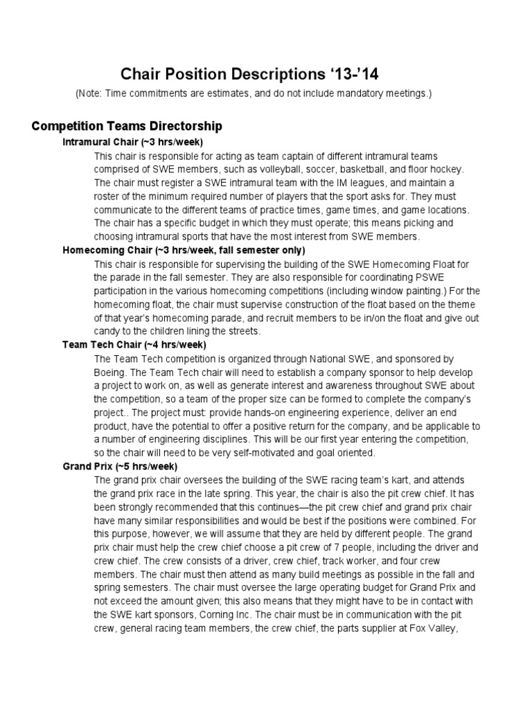 SWE Chair Position Descriptions 2013-14 | PDF | Human Resource ...