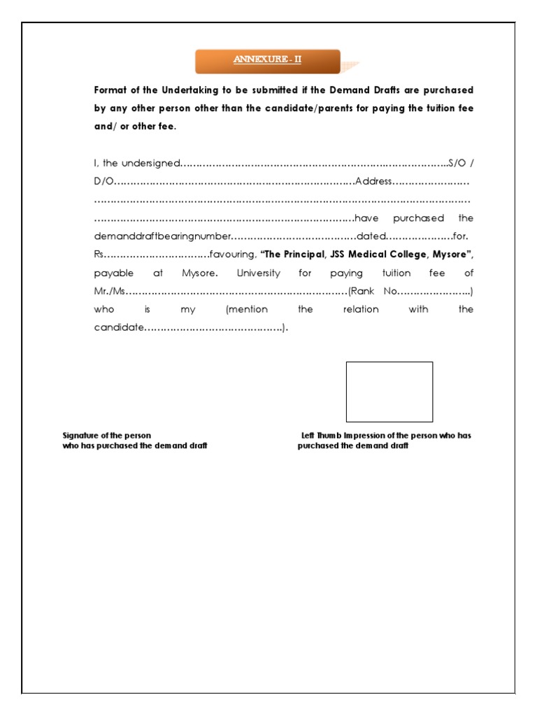 Demand Draft Undertaking for JSS Admission | PDF