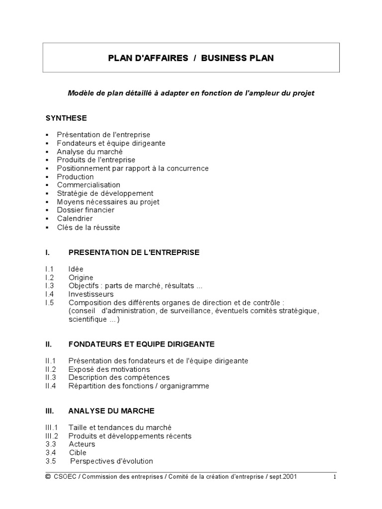 Modele Business Plan Gratuit  PDF