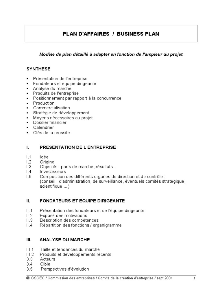 exemple de business plan reprise d'entreprise pdf