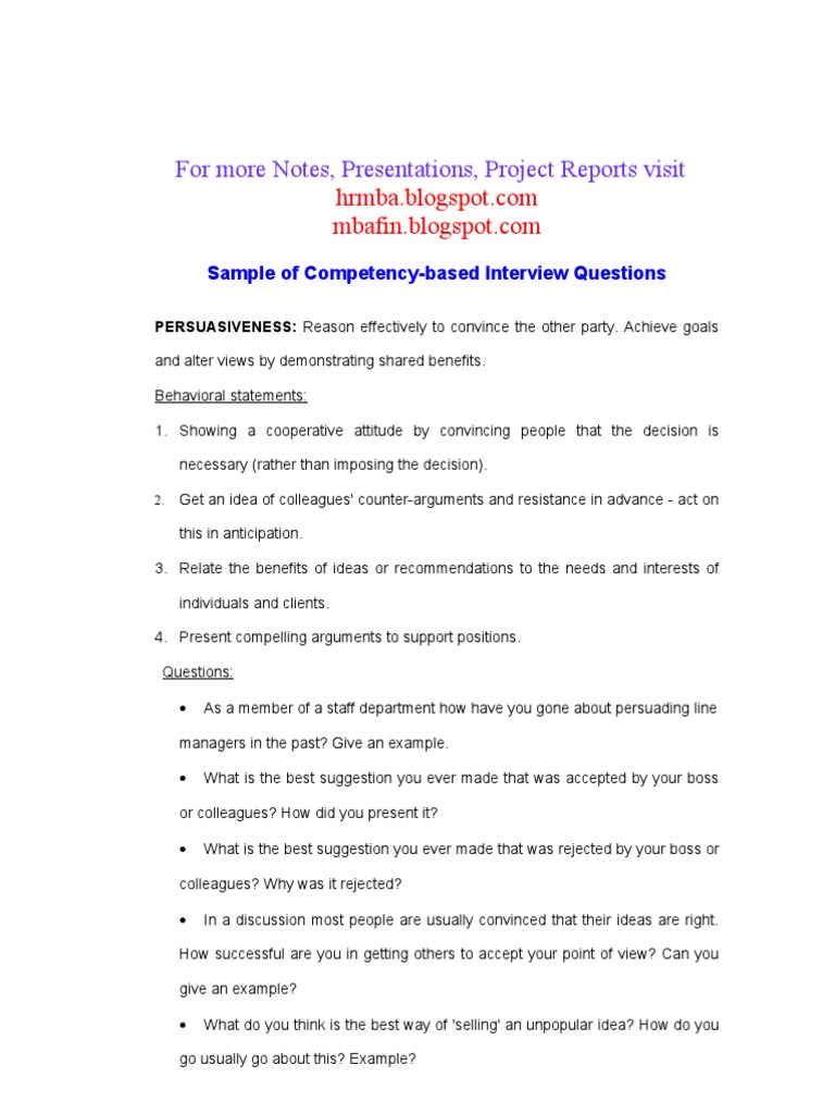 List of CompetencyBased Interview Questions PDF Attitude