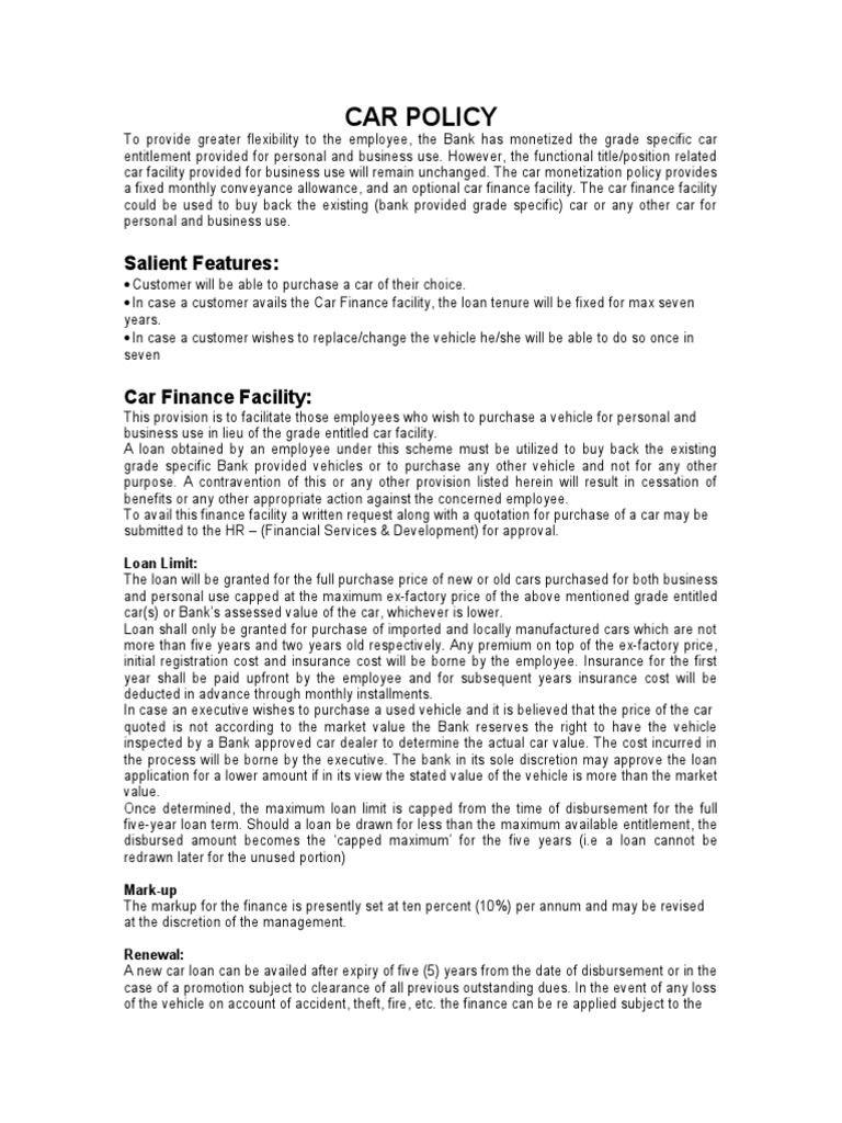 Car Policy Salient Features PDF Insurance Loans