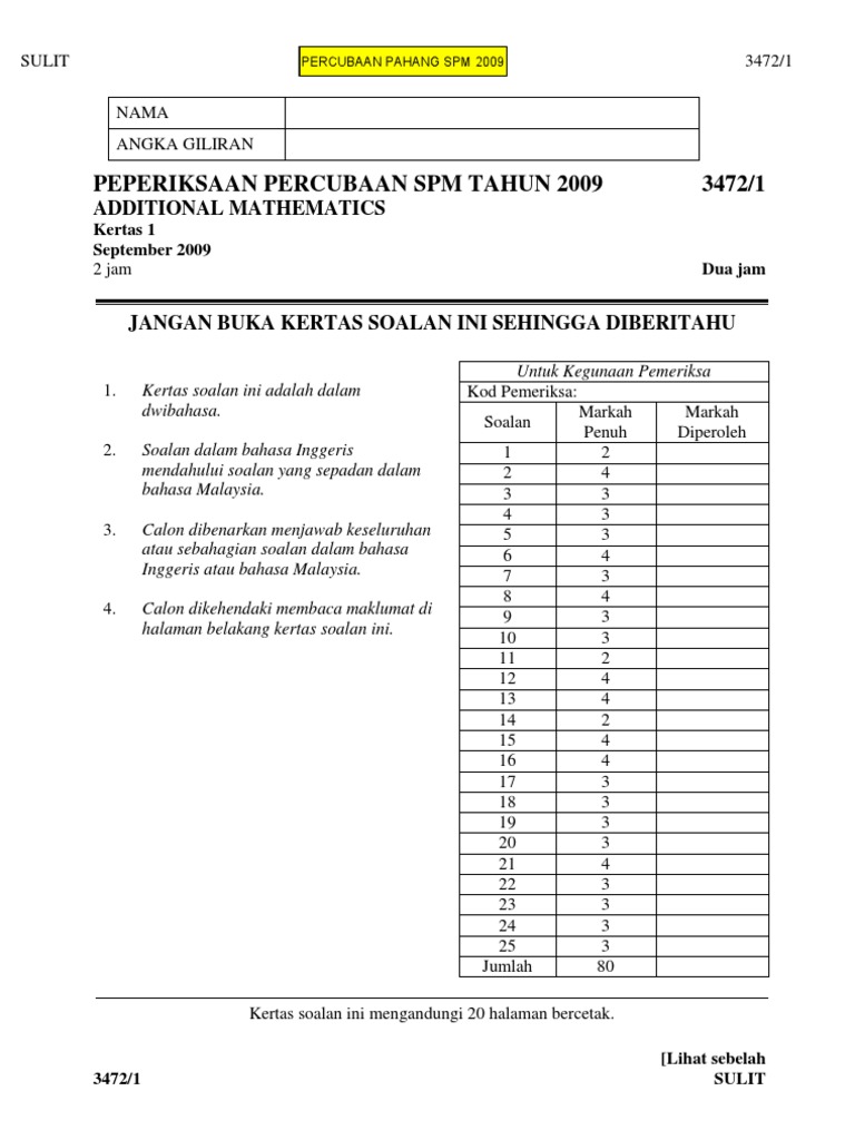 Pahang 2009 SPM Trial - Add Maths | PDF