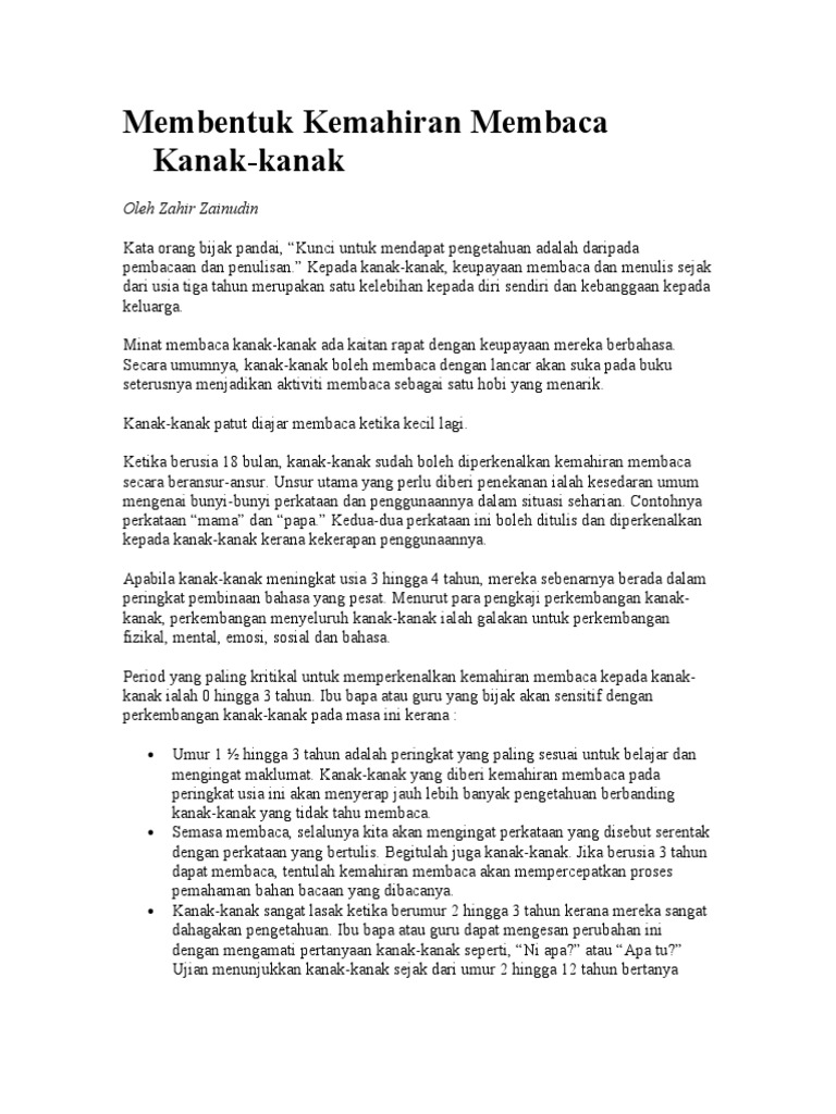 Membentuk Kemahiran Membaca Kanak Pdf