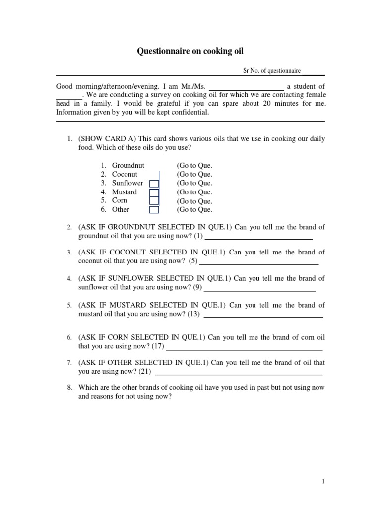 Cooking Oil Questionnaire PDF Flavor Food And Drink