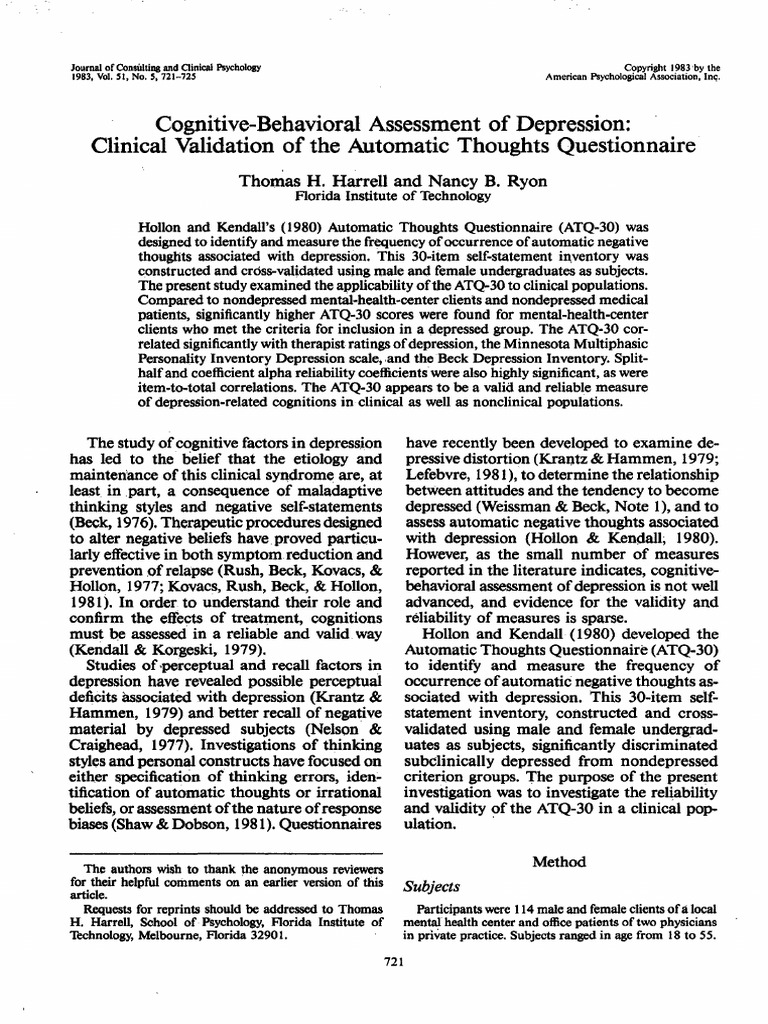 Harrell 83 Clinical Validation of The Automatic Thoughts Questionnaire ...