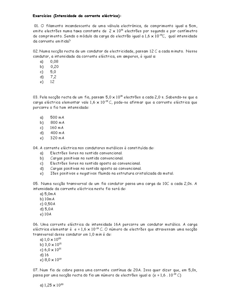 Exercicios Intensidade Da Corrente Electrica | PDF | Condutor elétrico ...