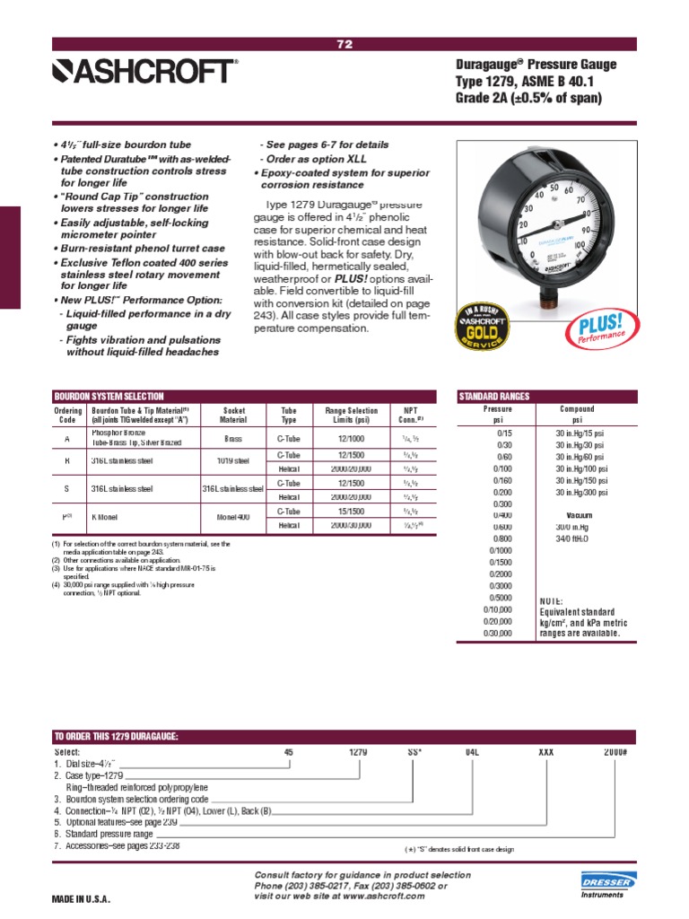 1279 Gauge ASHCROFT Pounds Per Square Inch Pressure Measurement