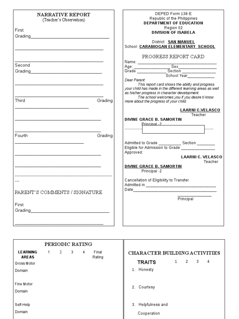 Form 138-e for Kindergarten