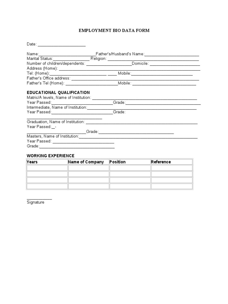 Employee Bio Data Form Format in Word PDF Business