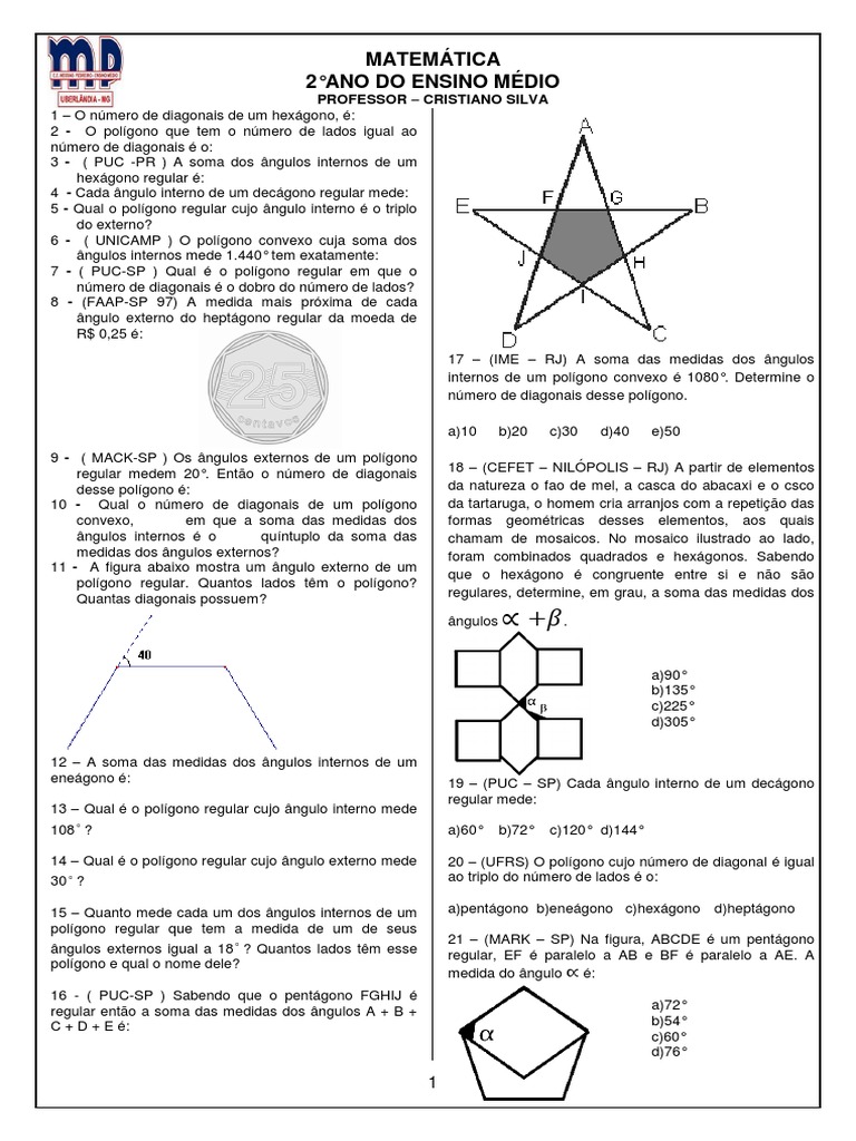 Exercícios de Polígonos Regulares 2º Ano | PDF | Métodos e Materiais de ...