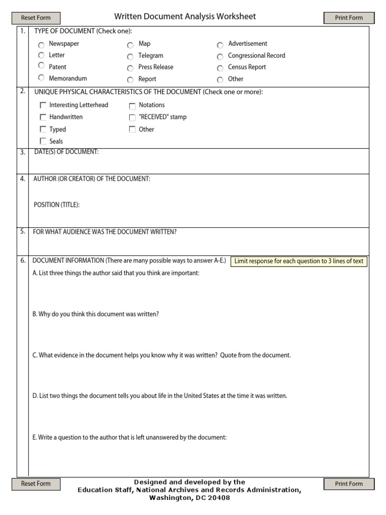 Written Document Analysis Worksheet  PDF Intended For Written Document Analysis Worksheet Answers