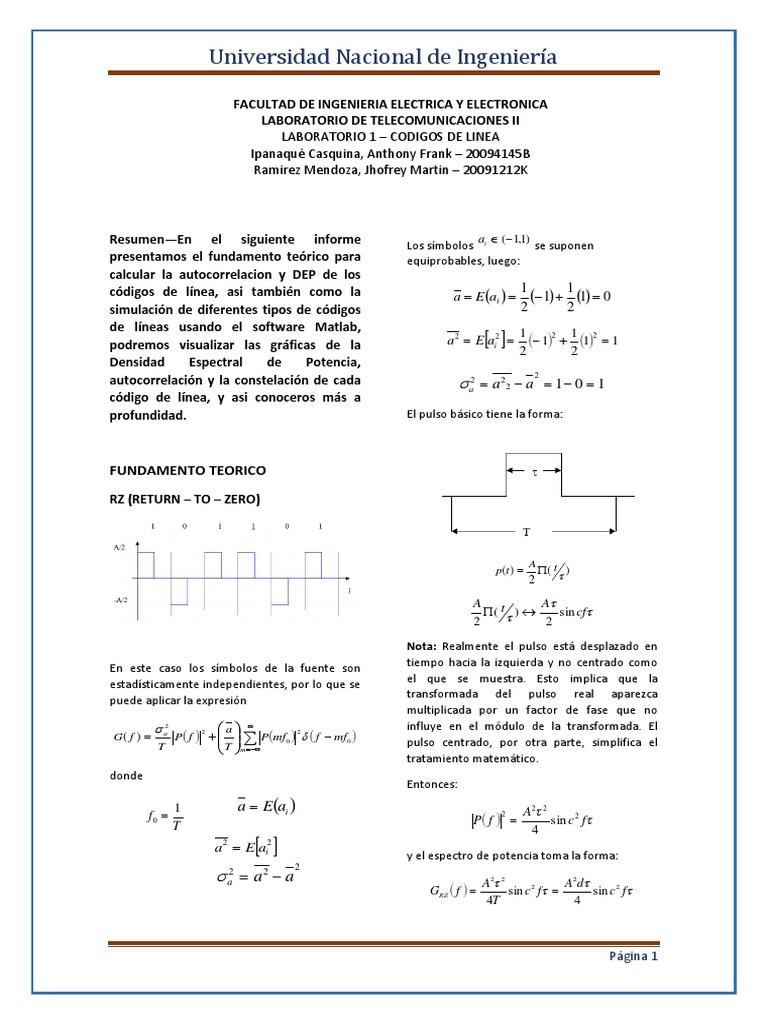 Cálculo y Simulación de Códigos de Línea | PDF | Densidad espectral ...