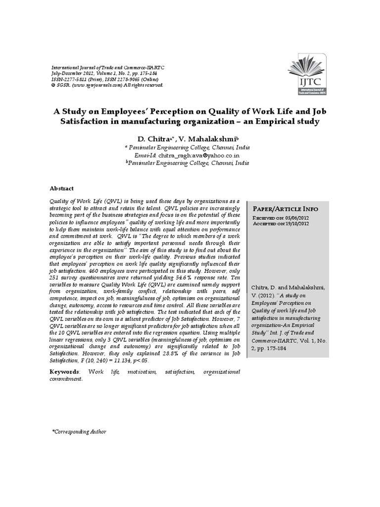 A Study On Employees' Perception On Quality of Work Life and Job ...