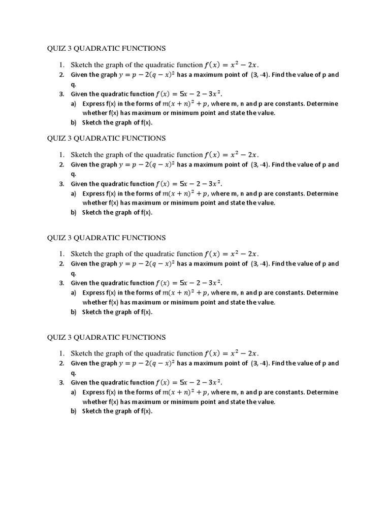 Quadratic Functions Quiz 3 | PDF