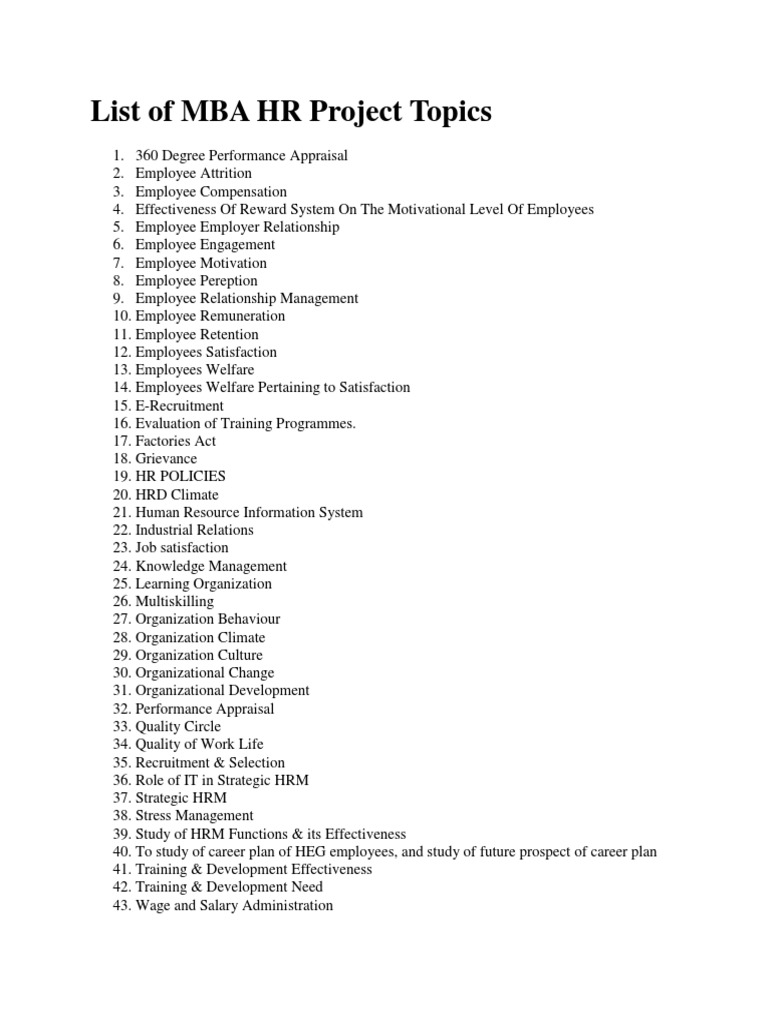 List of MBA HR Project Topics | PDF | Business | Self-Improvement