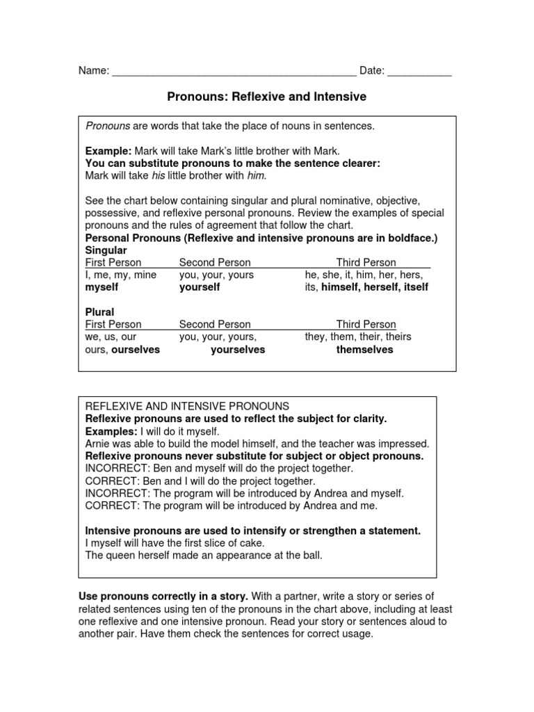 Worksheets Reflexive And Intensive Pronouns Worksheet 56 pronouns grammatical number pronoun
