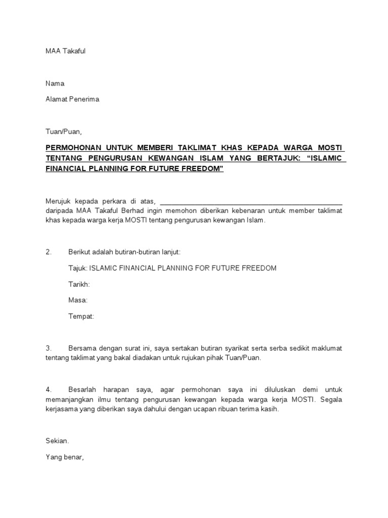 Contoh Surat Permohonan Takaful