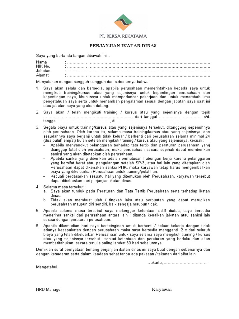 Contoh Surat Perjanjian Ikatan Dinas Training Jawaban