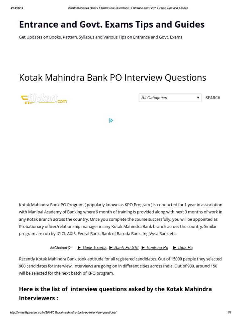 Kotak Mahindra Bank PO Interview Questions - Entrance and Govt | PDF