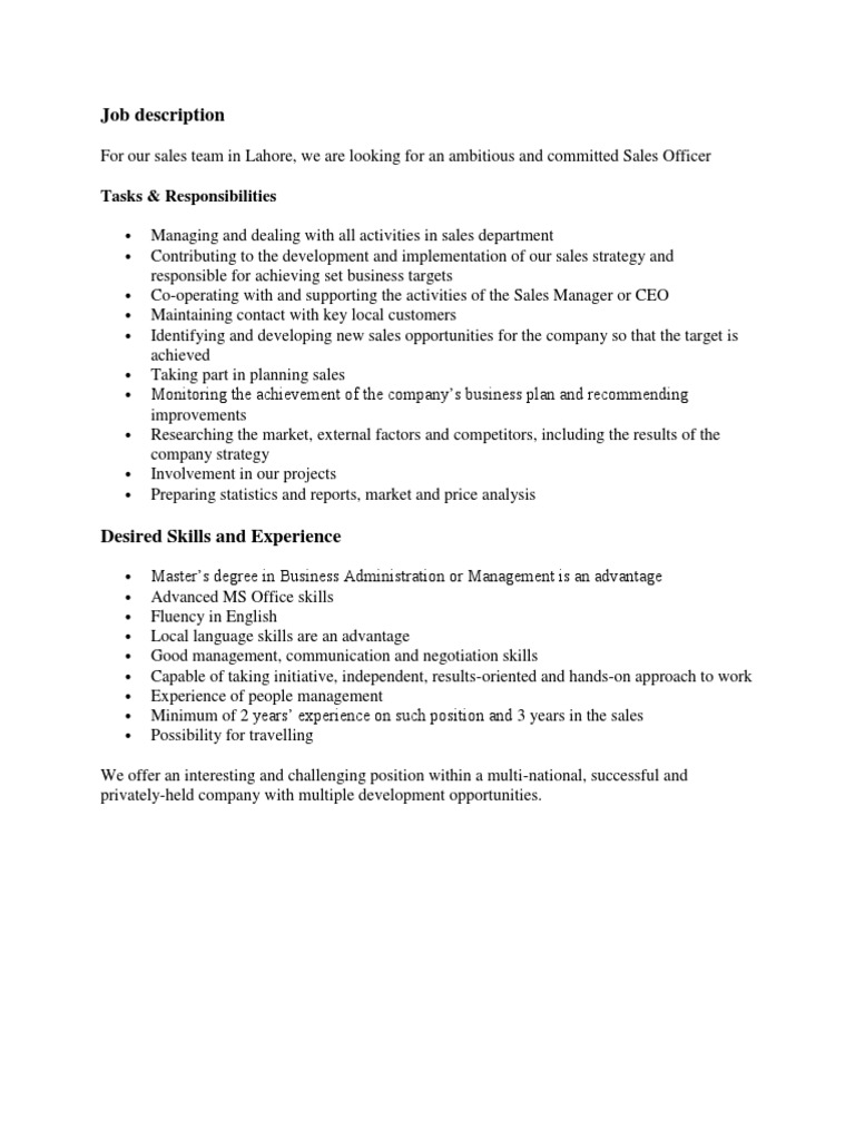 Sales Officer Job Description and Duties | PDF
