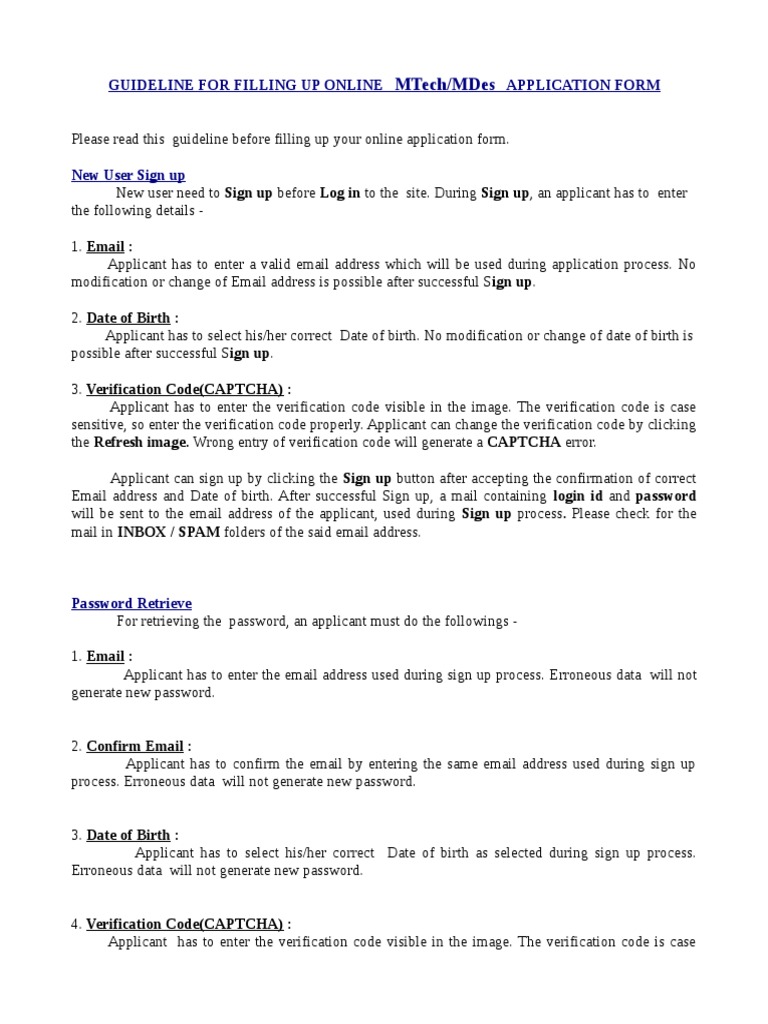 Mtech/Mdes: Guideline For Filling Up Online Application Form | PDF ...