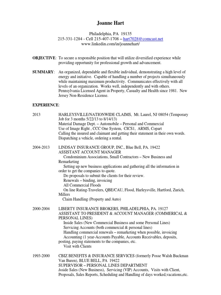 Insurance Account Manager in Philadelphia PA Resume Joanne ...