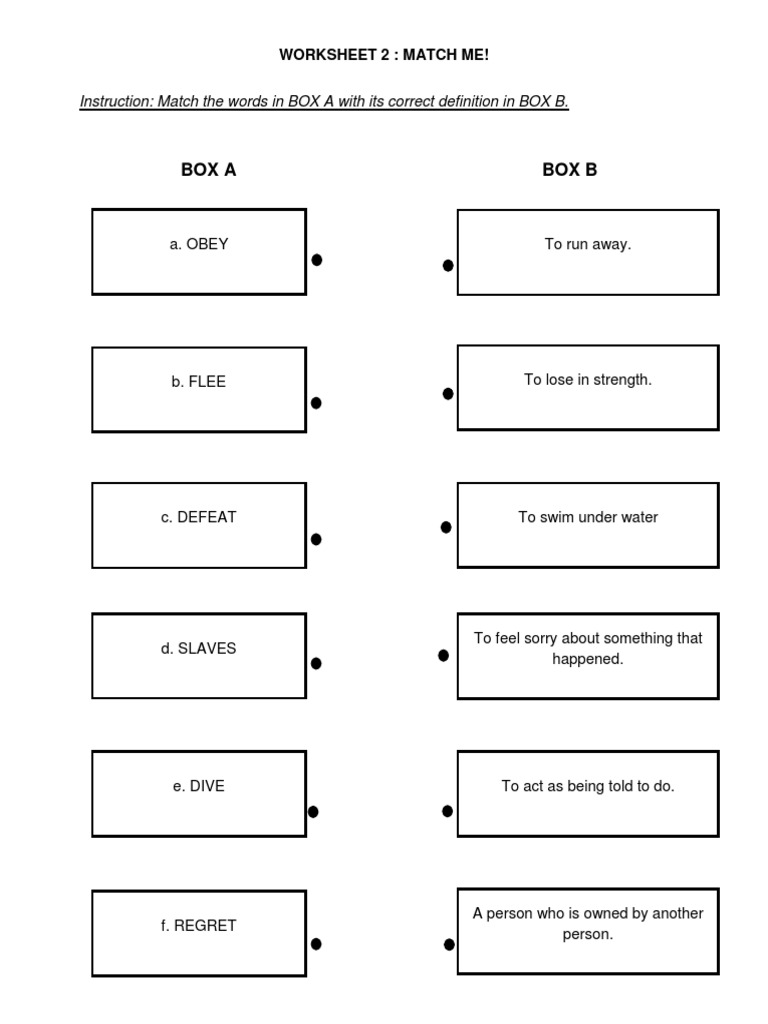 Box A Box B: Instruction: Match The Words in BOX A With Its Correct ...